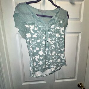 Daniel Rainn Teal Floral Blouse with Lace Detail